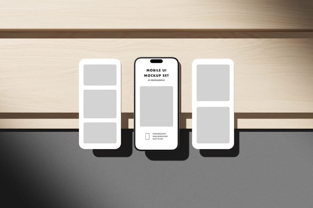 iPhone and two mobile UI templates on wooden planks