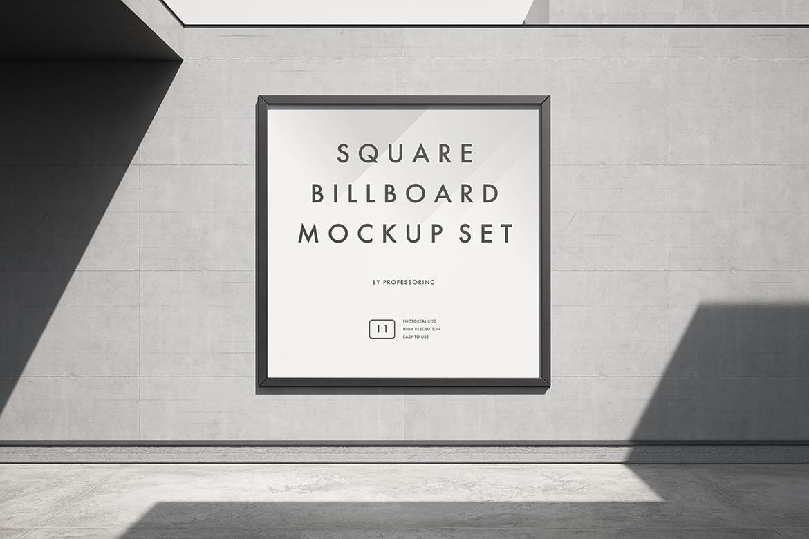Squre billboard on the concrete wall mockup set