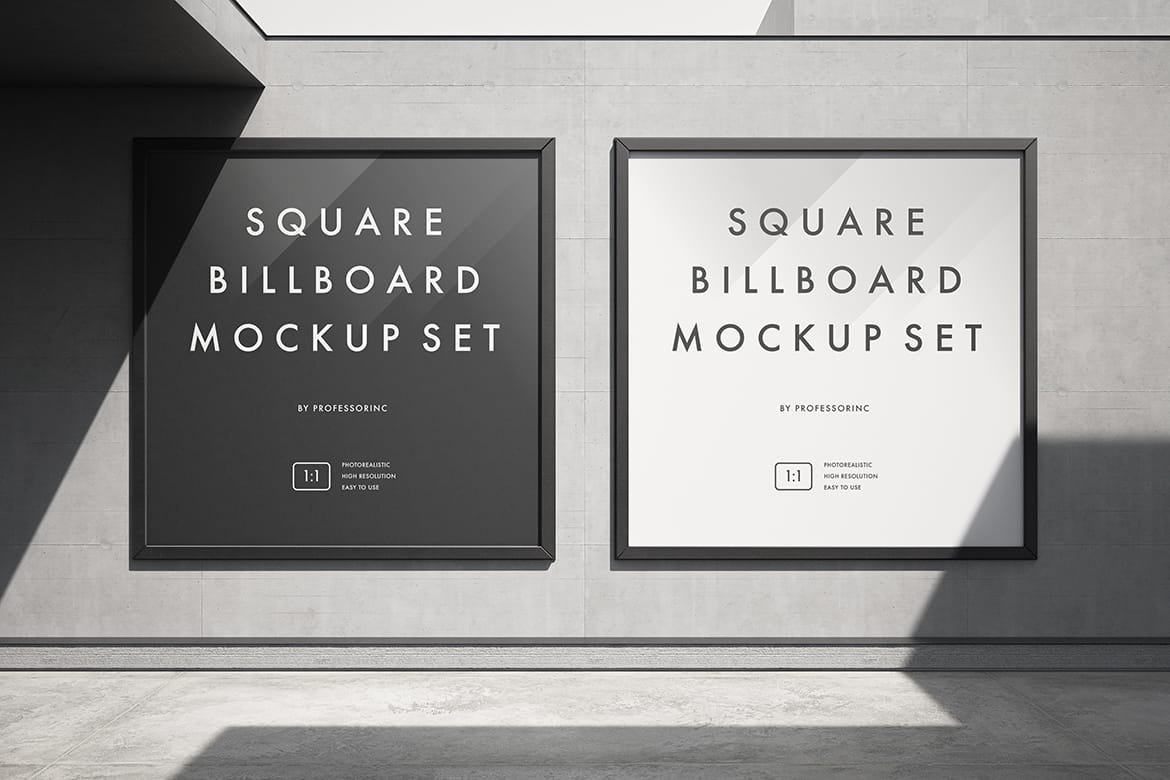 Square billboard / poster on the concrete wall mockup