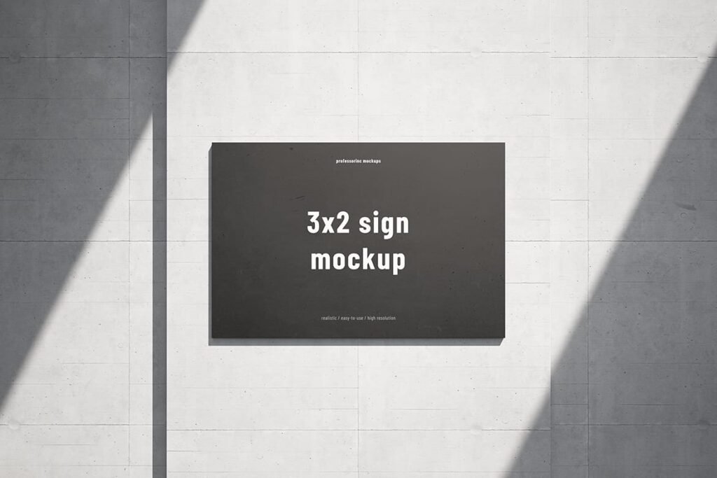 Realistic 3x2 Sign on the concrete wall mockup