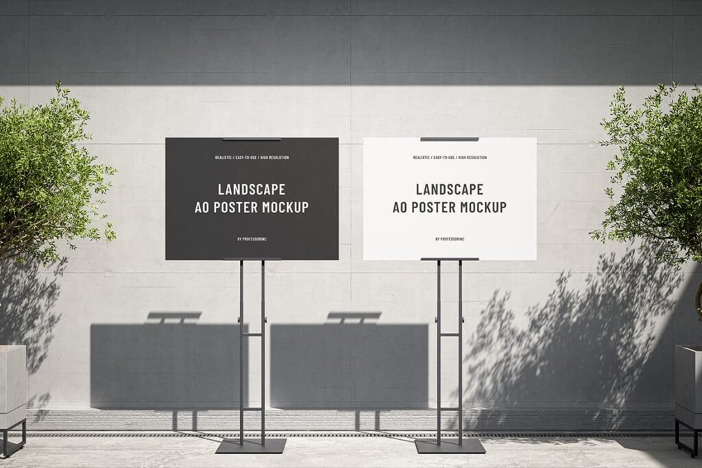 Two landscape A0 posters on the metal stand mockup preview