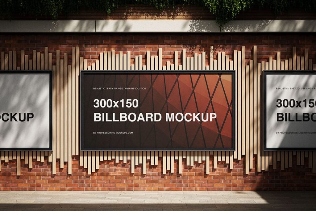 Realistic Three billboards on the wooden planks mockup