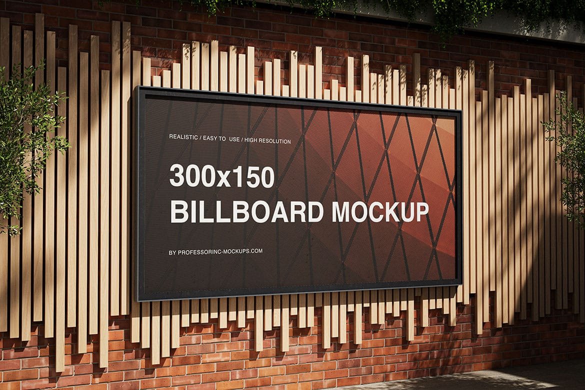 Realistic 300x150 billboard on the wooden planks mockup