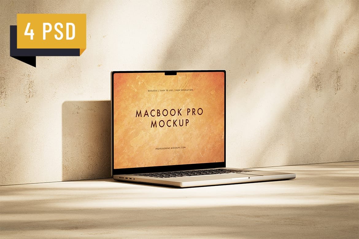Minimalist Apple MacBook Pro Mockup Set with 4 PSD files