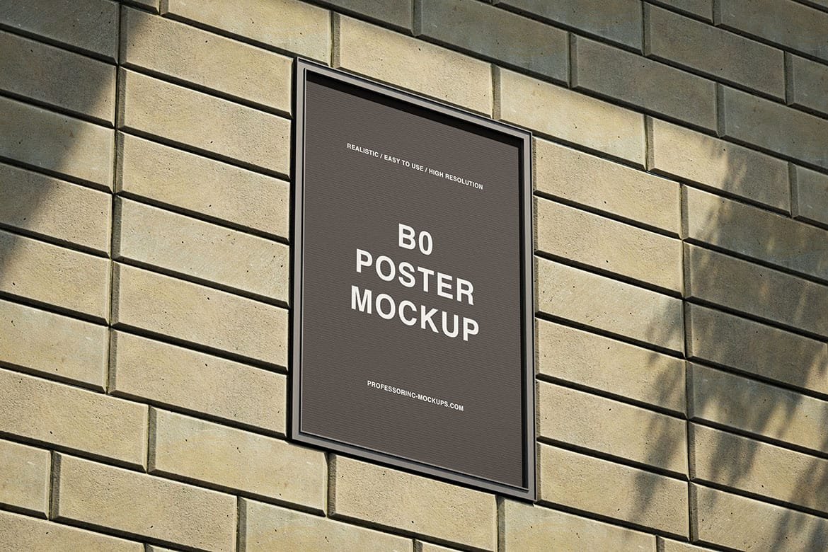 Realistic outdoor B0 poster on the stone wall mockup