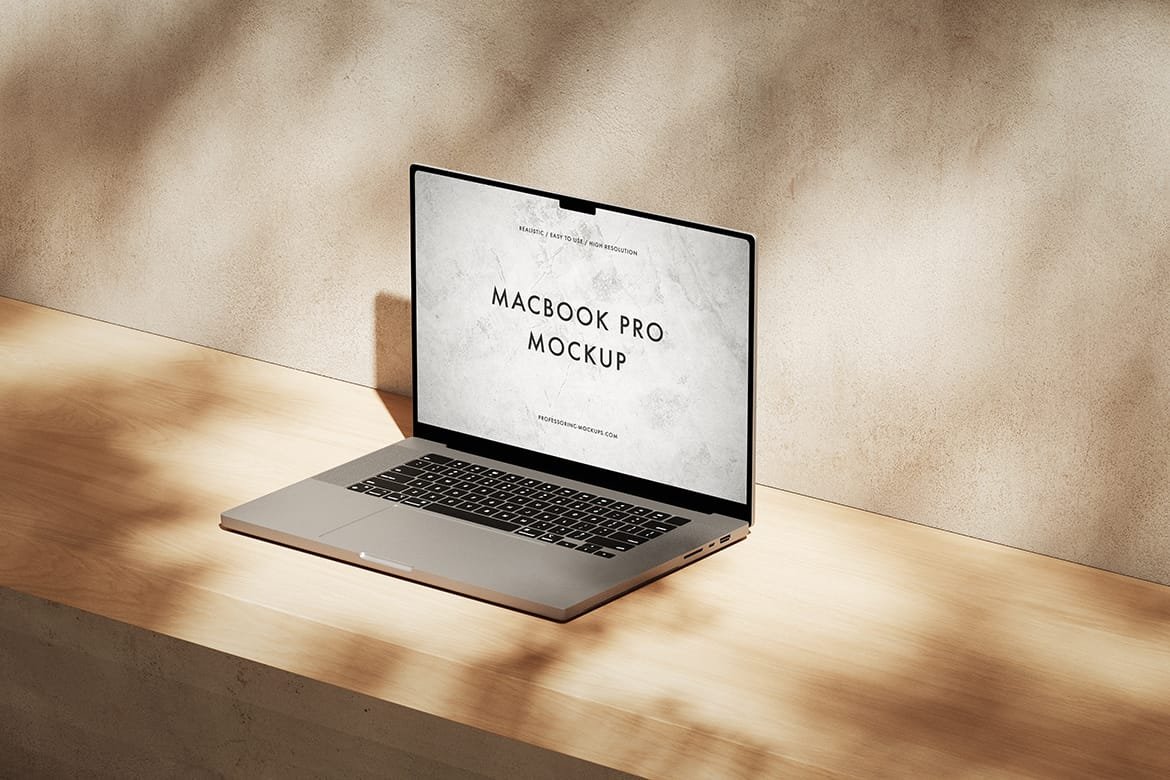 MacBook Pro on the wooden desk mockup