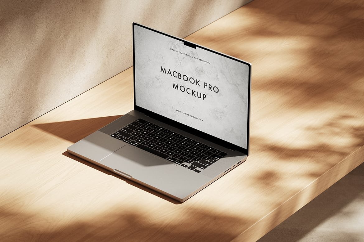 Realistic macbook on the wooden background mockup