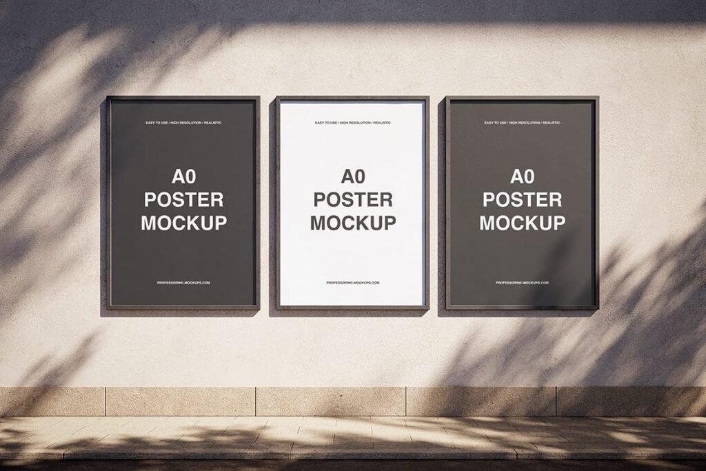 Three portrait A0 posters on the concrete wall mockup