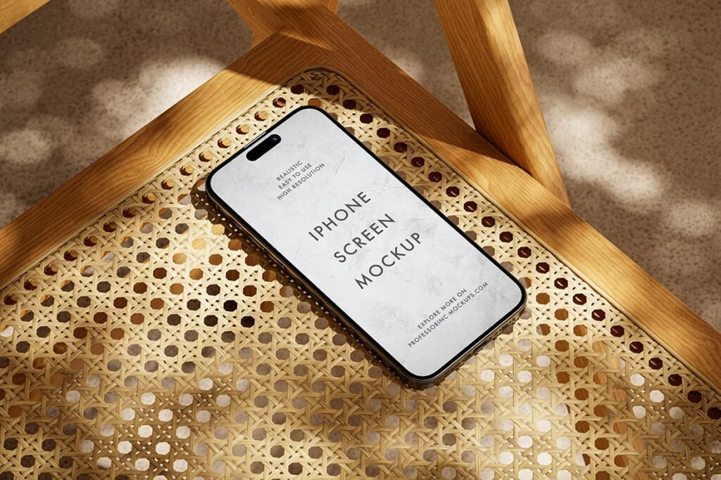 Realistic Apple iPhone 15 Pro on the rattan chair mockup