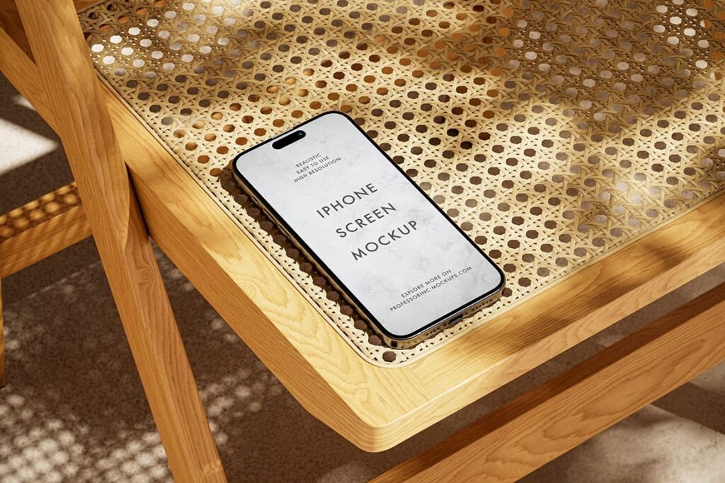 High resolution iPhone on the rattan chair mockup