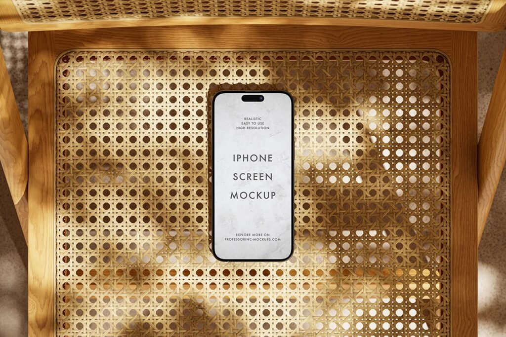 Realistic iPhone on the rattan chair mockup