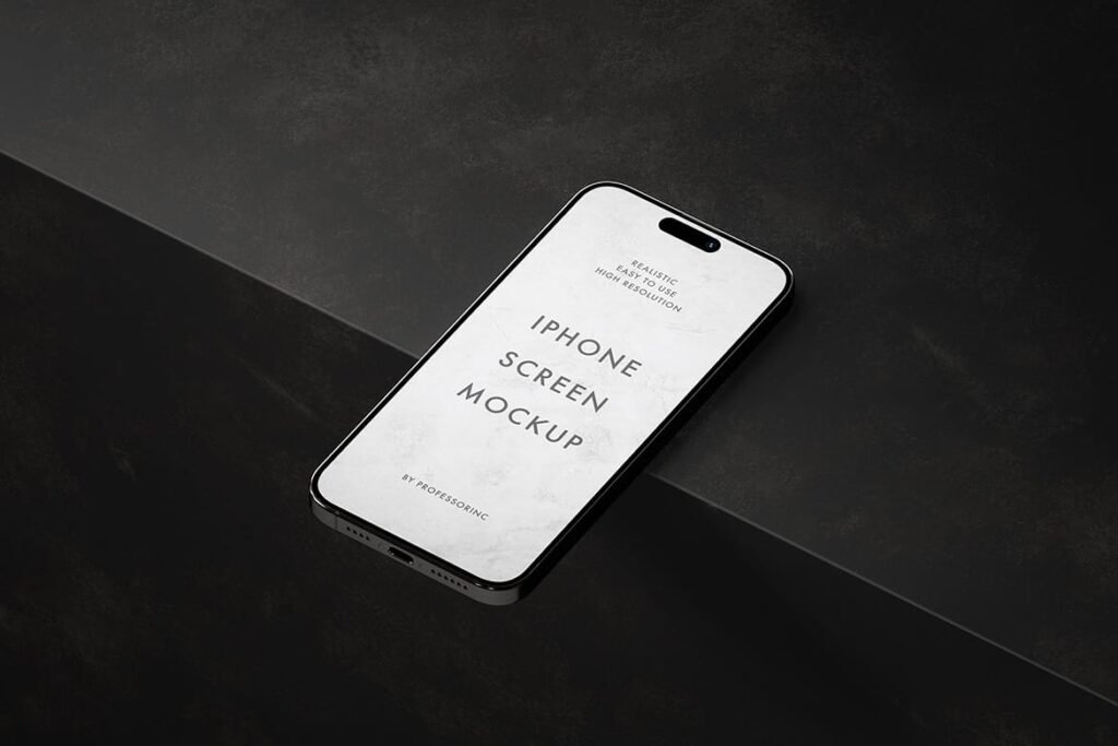 Minimalistic mockup scene with iPhone 15 Pro Max on the dark background