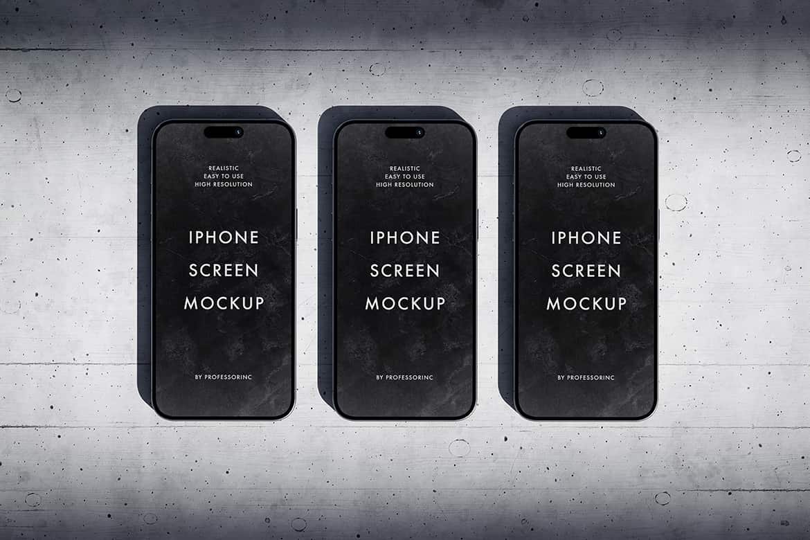 Three Apple iPhones 15 Pro Max mockup scene