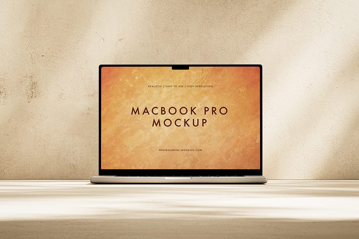 Realistic Apple MacBook Pro on the plaster background